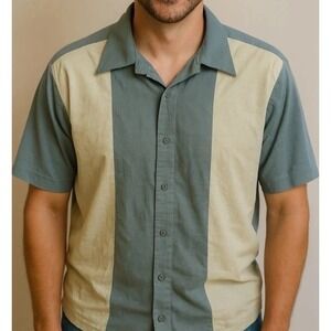 Mens XL Marc Edwards Linen Blend Green Yellow Color Block Bowling Shirt Hawaii